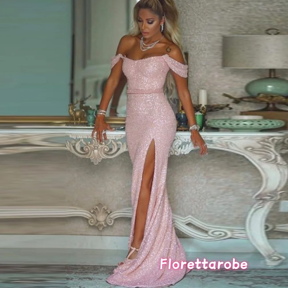 

Customized Elegant Short Sleeves Off-the-Shoulder Mermaid Evening Dress Sexy Side Slit Exquisite High Quality Prom Party Gowns