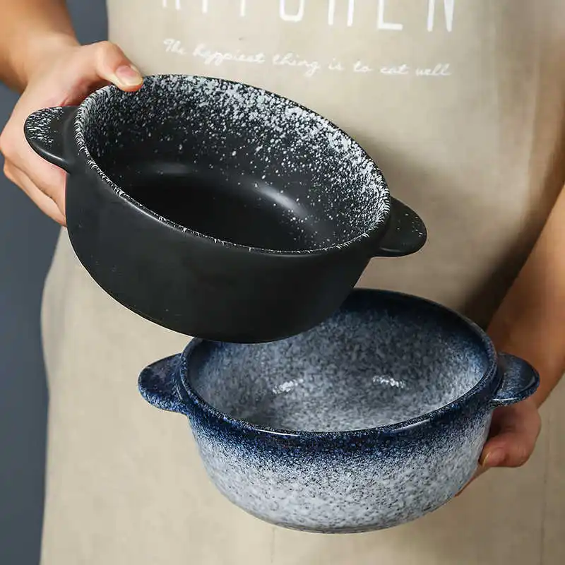 900ml Japanese Ceramic Double Ear Soup Bowl With Lid Instant Noodles Large Bowl  Salad Pasta Soup Pot Tableware Microwave Oven