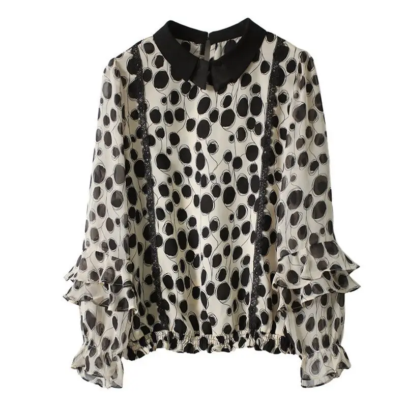 

Polka Dot Lace Butterfly Sleeve Polo-Neck Chiffon Vintage Pullover Women's Blouse Shirt Korean Fashion Female Clothing Tops 2024