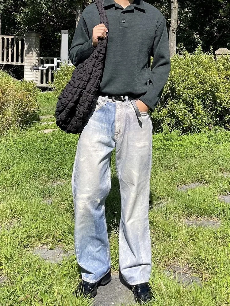 

Washed Blue Digital Print Men's Casual Straight Leg Vintage Jeans Trendy Youth Autumn Jeans Long Pants Straight Leg Fit