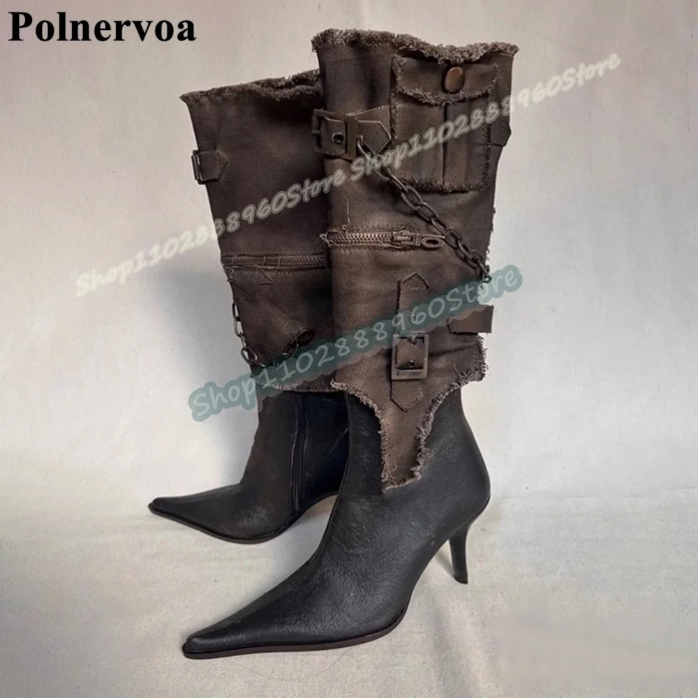 

Retro Style Knee High Buckle Strap Metal Chain Boots Thin High Heel Shoes For Women Side Zipper Pointed Toe Zapatos Para Mujer