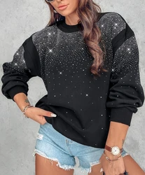 Elegant Women's Sweater Autumn Sportswear O-Neck Rhinestone Decor Sweatshirt Casual Long Sleeved Sweatshirt Pullover Y2K Clothes