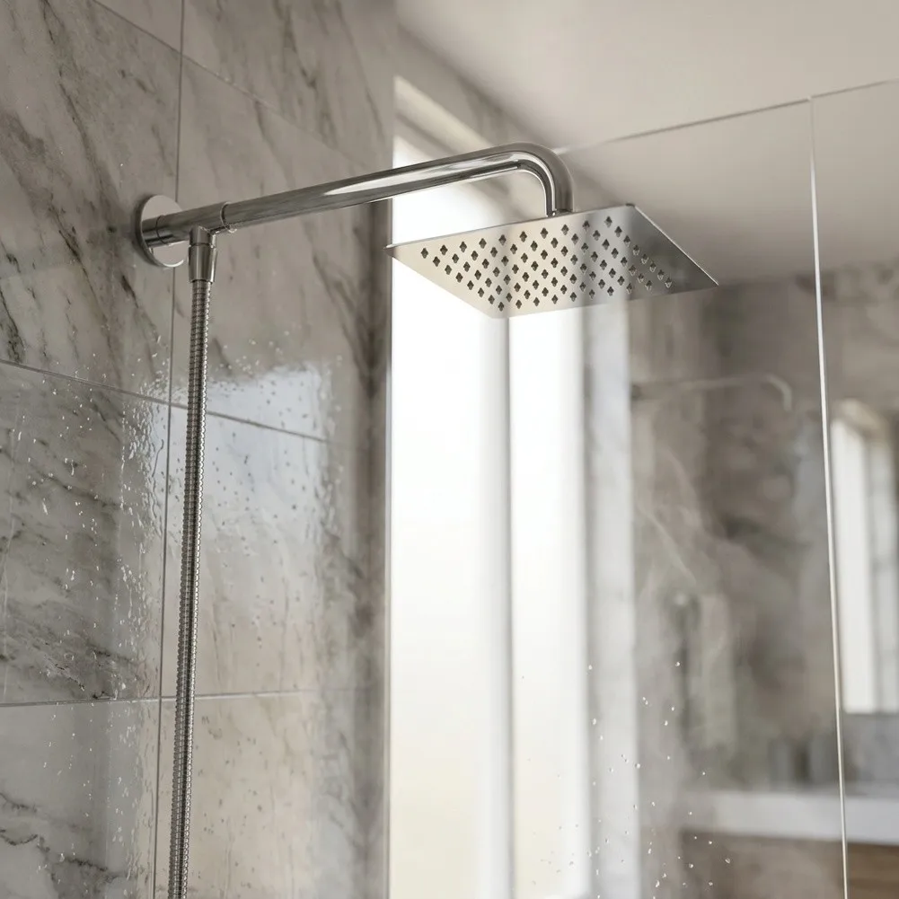 Square Stainless Steel Rain Shower Head Set with Adjustable Extension Arm and Standard Shower Hose for Daily Use