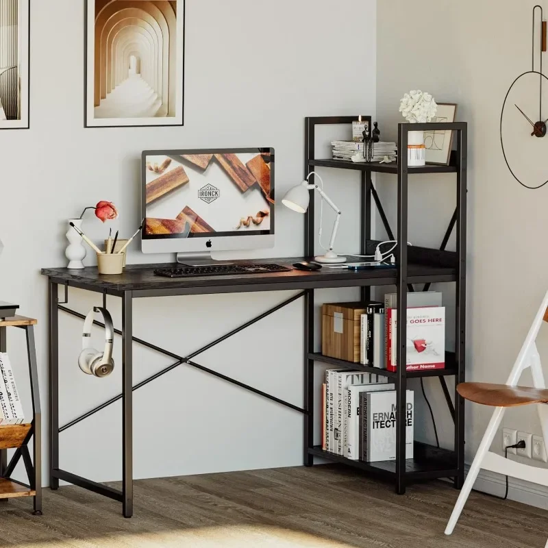 Bureau d'ordinateur avec prise de courant et étagères de rangement, table d'écriture d'étude avec ports USB, station de charge