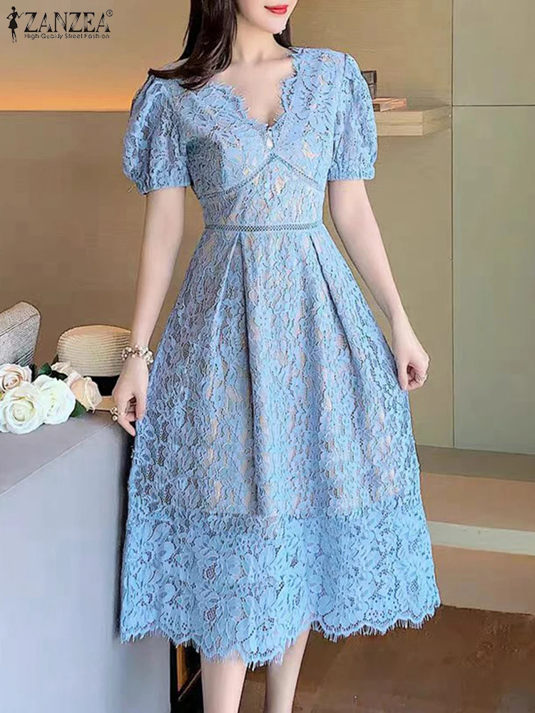 Retro French Dress Elegant Lace Sundress Deep V Neck Summer Party Vestidos ZANZEA 2025 Casual A-Line Puff Sleeve Irregular Robe