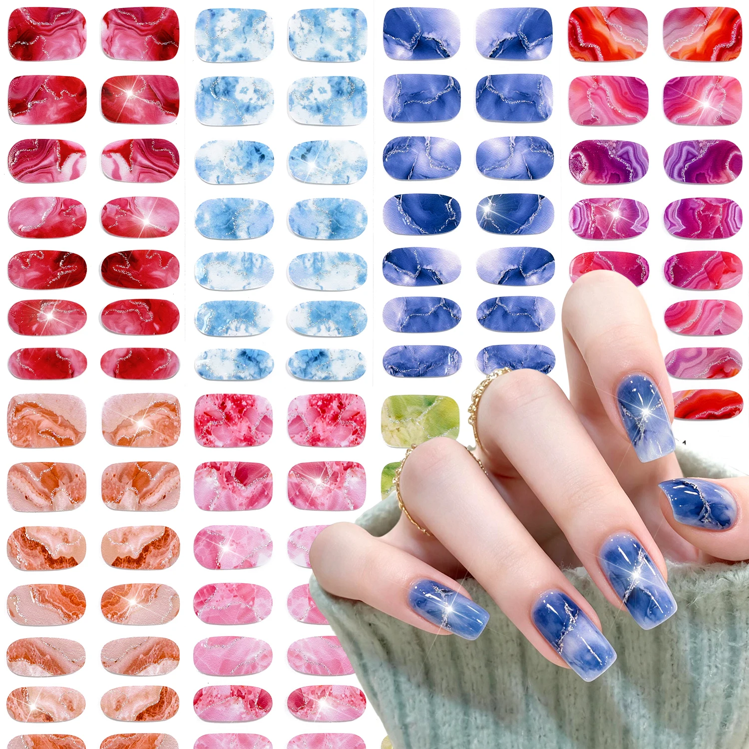 16Tips/Sheet Colorful Marble Nail Polish Sticker Silver Glitter Line Full Cover Self Adhesive Nails Wraps UV LED Manicure Decals