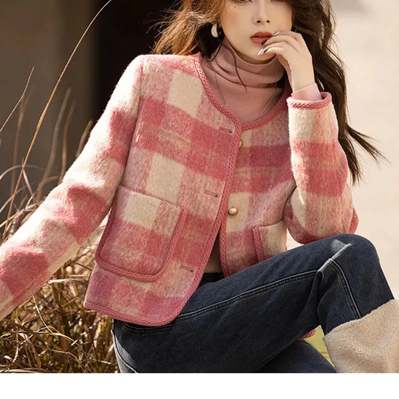 Women Short Plaid Wool Coat Celebrity Style Female Autumn Winter Woolen Lattice Jacket Ladies Add Cotton Small Fragrant Outwear