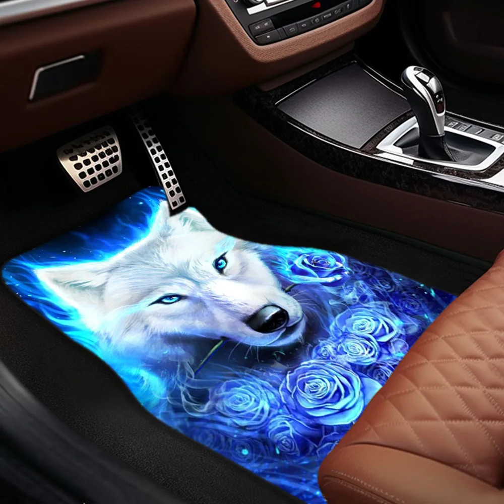 Tapis de voiture bleu, Animal magique amusant, loup, Art, siège avant et arrière, tapis de pied, intérieur de voiture, imprimé numérique, adapté, 1 pièce/2 pièces/4 pièces