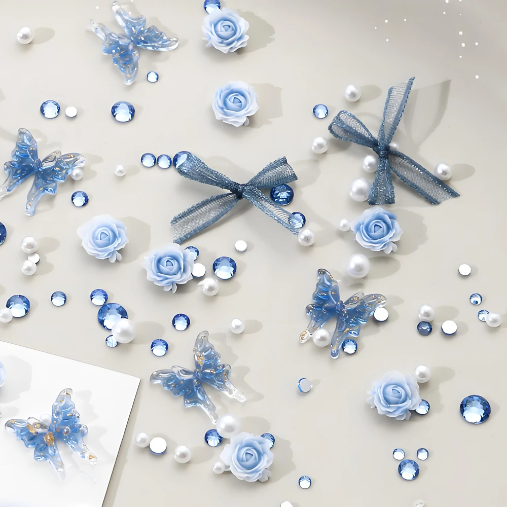 1 Opakowanie Mieszanych Ozdób do Paznokci: Akrylowe Motyle, Kokardki z Organzy, Cyrkonie, Perły - Akcesoria do Dekoracji Paznokci