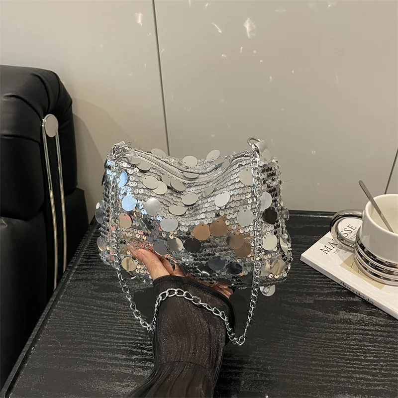 

Sequin Evening Party Shoulder Bags for Women Lightweight Portable Ladies Chain Crossbody Bag Solid Color Casual Female Handbag