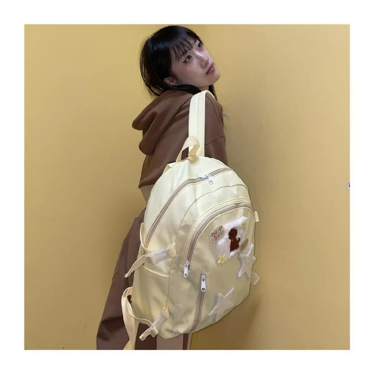 JIAERDI-mochila estrela Harajuku para mulheres, grande capacidade chique, mochila amarela vintage feminina, bordado para cachorro, mochila Y2K, casual, nova