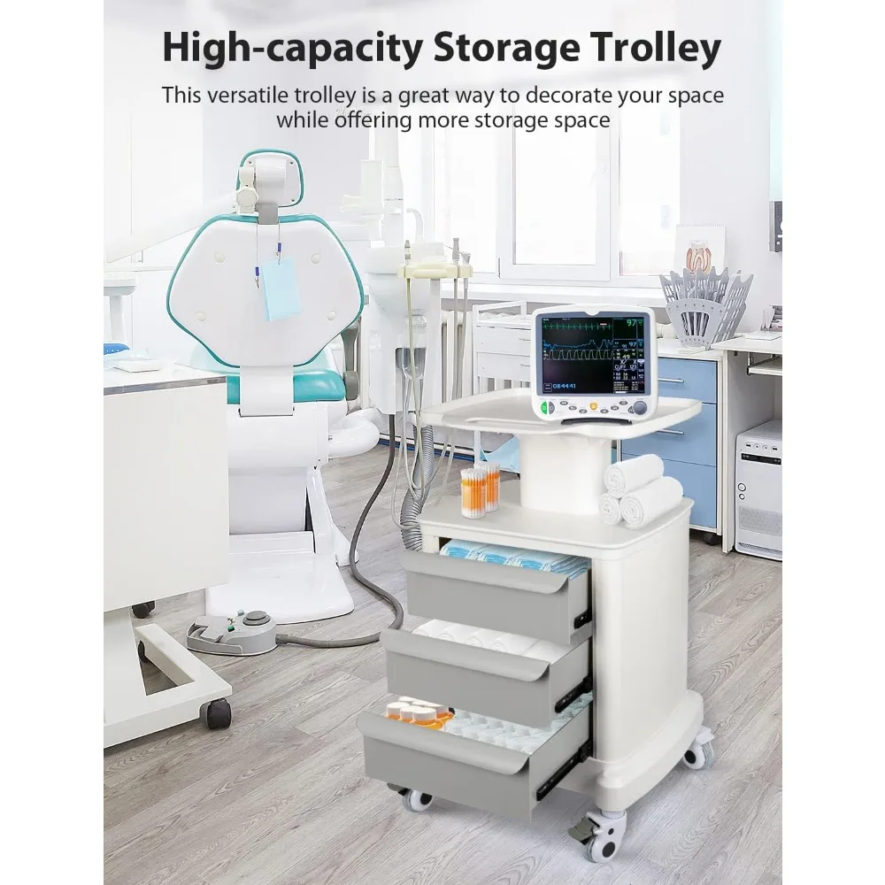 Portable Ultrasound Scanner Trolley Cart with Beauty Storage, 110 lbs Capacity, 3 Drawers, Heavy Duty Mobile Cart for Imaging Eq