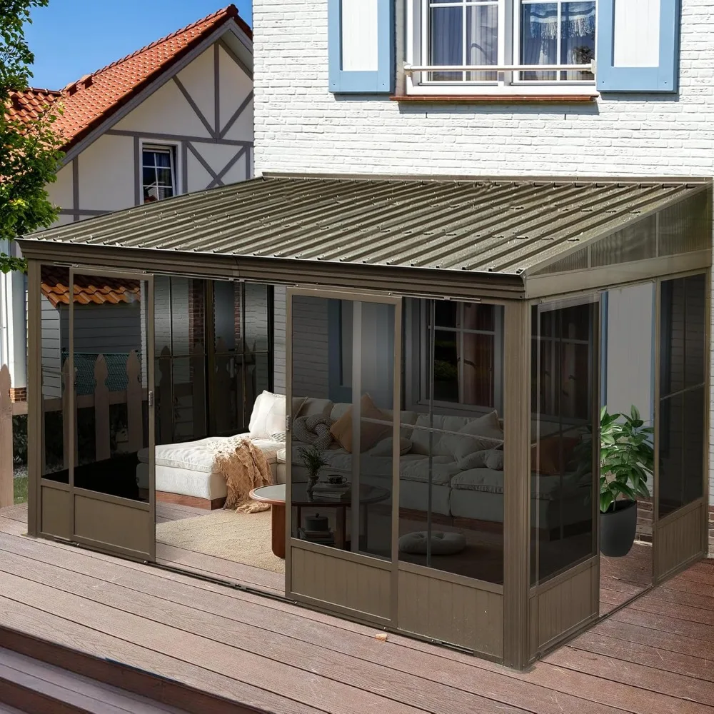 

Wall Mounted Sunroom, Against Wall Solarium with Galvanized Steel Sloping Roof, Detachable PVC Screen, Lockable Sliding Door