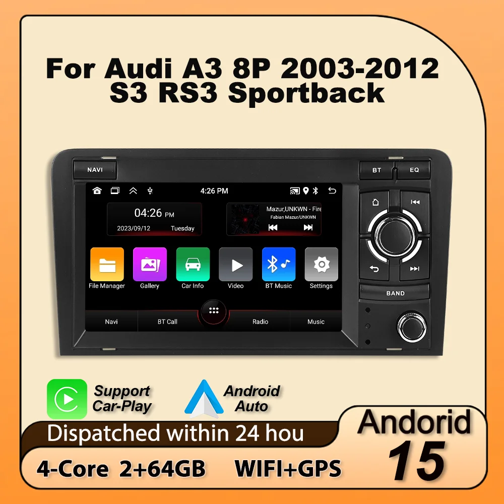 Android 15 IPS Touch Screen Car Radio For Audi A3 8P 2003-2012 S3 RS3 Sportback Carplay GPS Navigation Stereo Multimedia Player