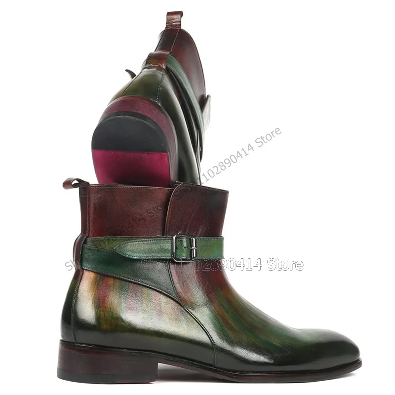 Botas de tornozelo quadrado de impressão colorida masculina, decoração de fivela, deslizamento nos sapatos, feito à mão, luxo, festa, banquete, banquete, vestido, moda