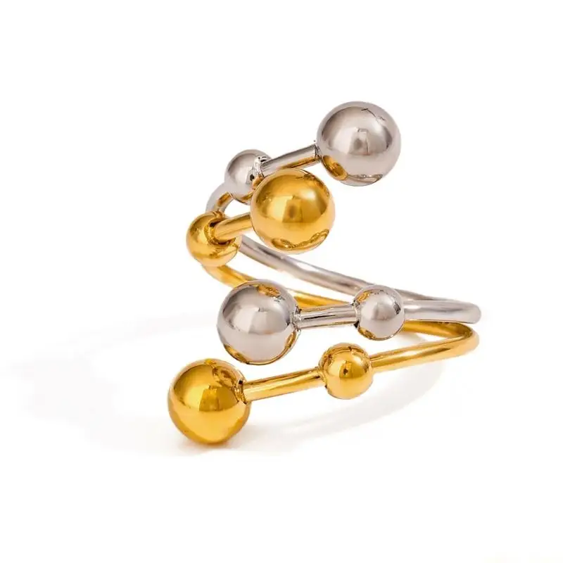 31BF Modern Jewelry Piece Featuring Gold Silver Blend Double Layer Adjustable Ring Ball Decorations Stainless Steel Build Long