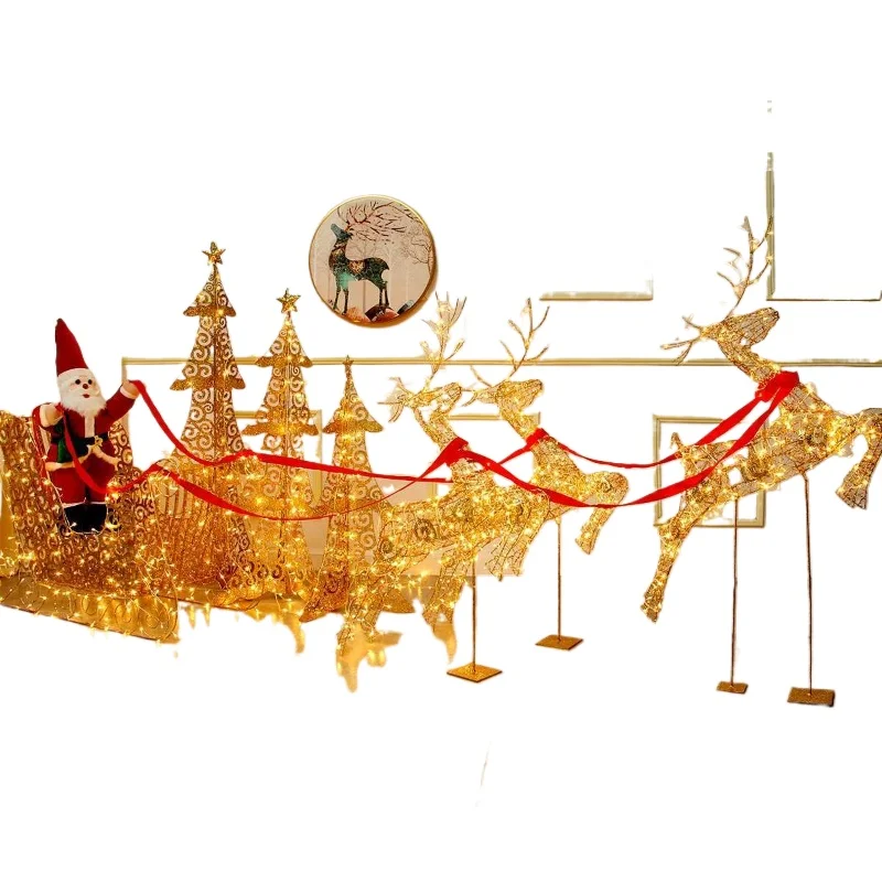 

Christmas decoration luminous deer pulling cart large scene arrangement wrought iron flying deer sleigh elk old man ornament