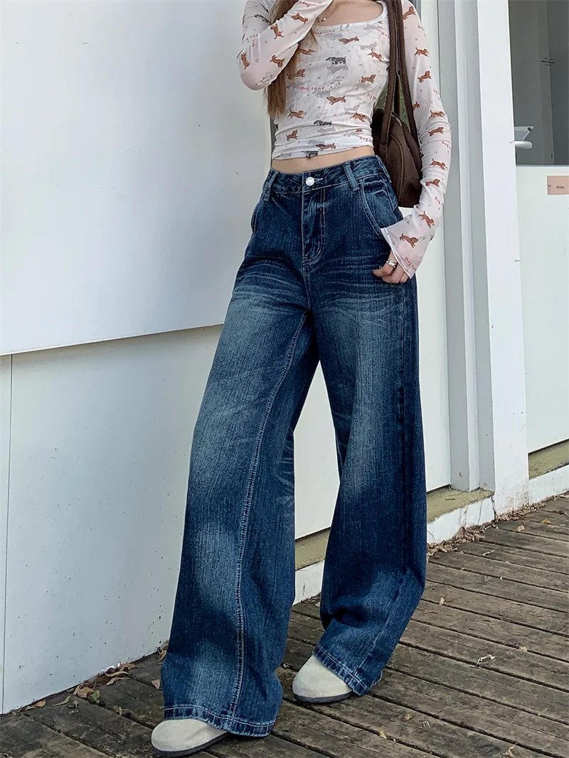Women 2026 New Vintage Mottled Tie Dye Dark Blue Womens Denim Pants Back Patch Pocket Design Loose Straight Wide Floor Length Long Trousers