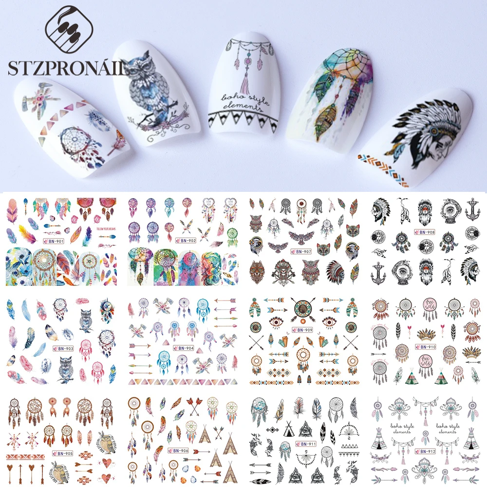 12 Feather Nail Art Dreamcatcher Water Sticker Set Patterns Owl Color Transfer Decals Tips Watermark Slider Manicure SLBN901-912