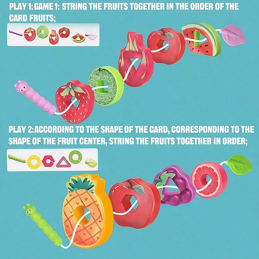 Montessori Threading Speelgoed voor peuters, Fruitvorm Afbeelding Cognitie Leren, Classificeren en stapelen Fijne motoriek Speelgoed