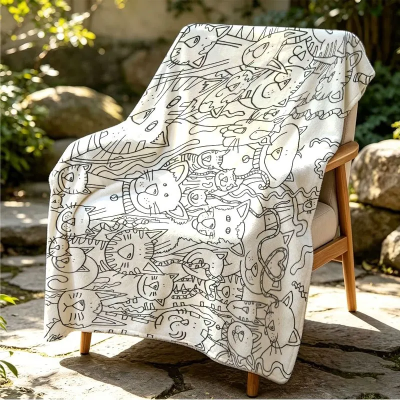 Cute Cat Throw Blanket Stacked Kitty Doodle Line Drawing Print Soft Flannel for Kids Room Sofa Lap Feline Theme Decor Gift