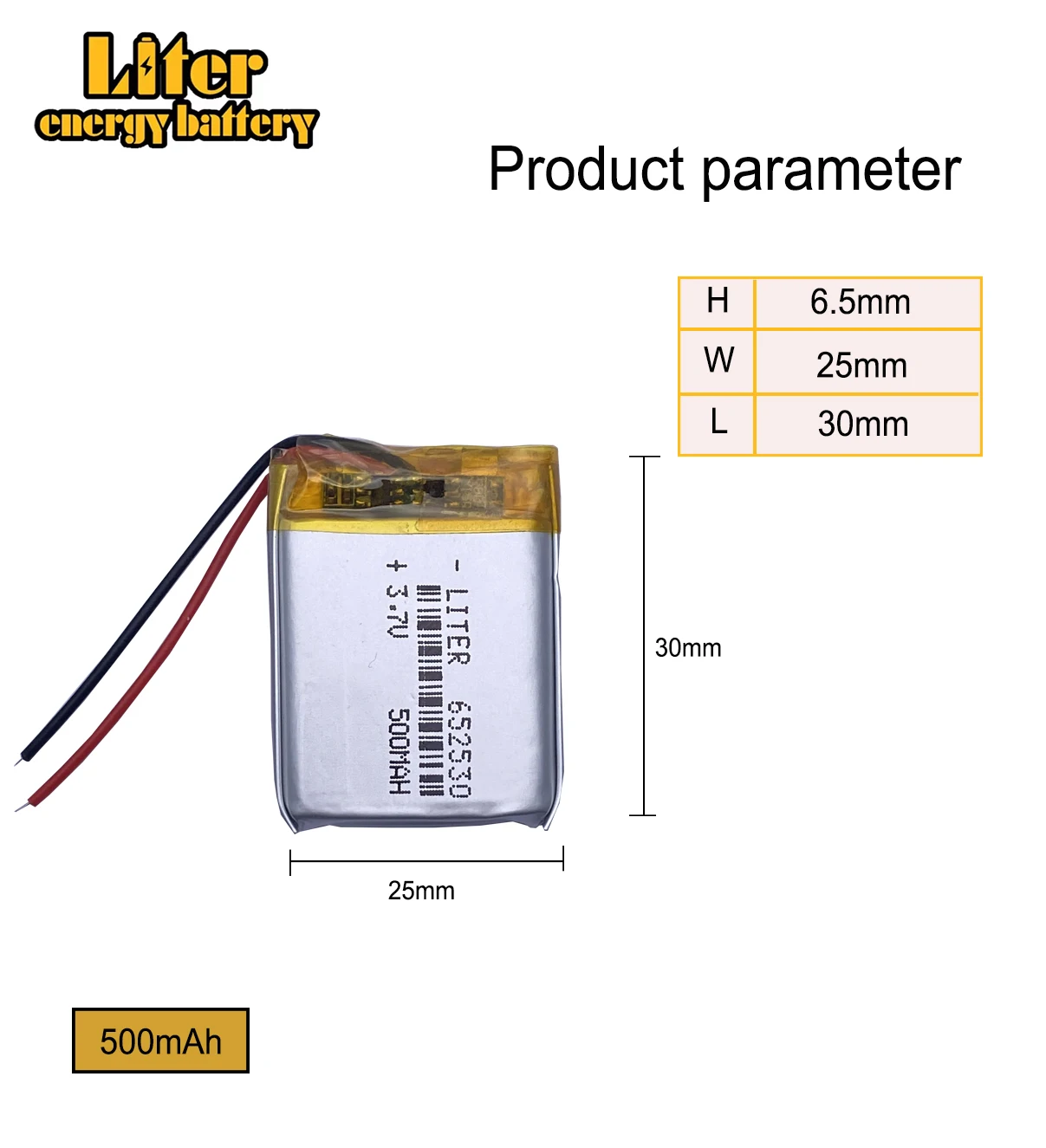 3.7V 652530 500mAh lithium-ion polymer battery quality goods quality of CE FCC ROHS certification authority