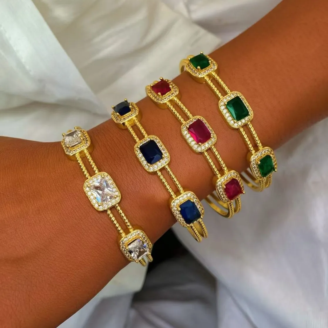 

2pcs Rectangular Colorful Bangle and Ring Two-Piece Set Retro Gold Plated For Lady