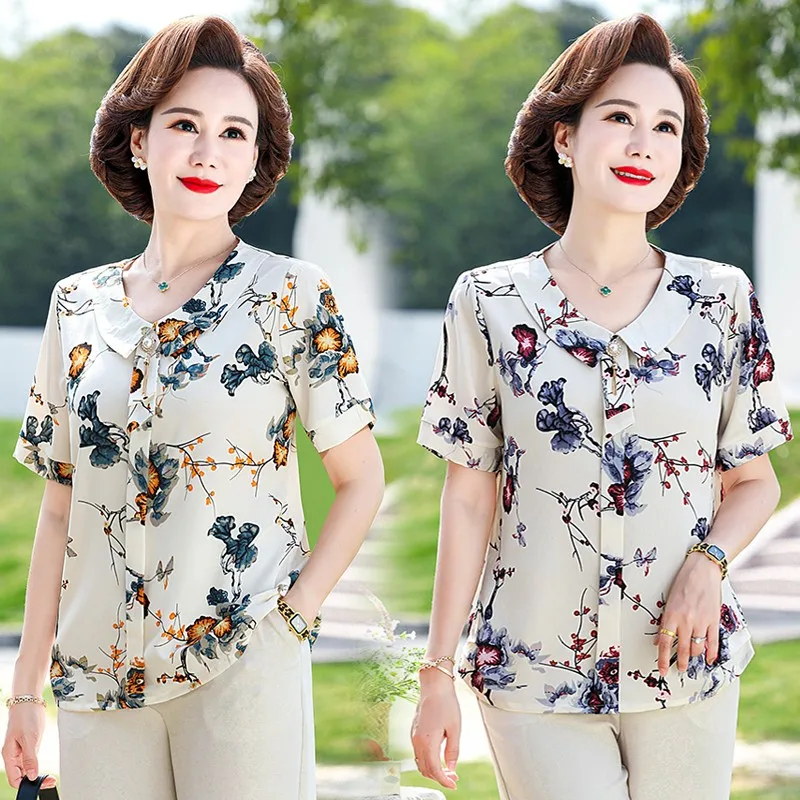 Casual Sweet Peter Pan Collar Blouse Fashion Embroidery Summer Camellia Printed Female Clothing Short Sleeve Folk Spliced Shirt