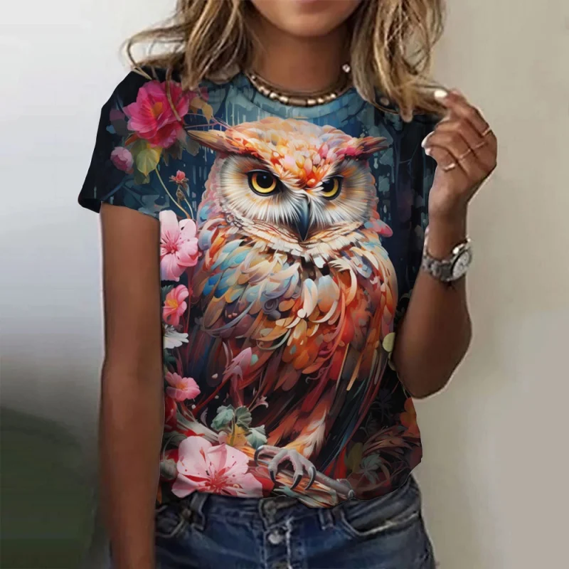Colorful Owl Pattern T Shirt For Women Fun Animals 3D Printed Short Sleeves Summer Loose T-Shirts O-Neck Tops Tees Streetwear