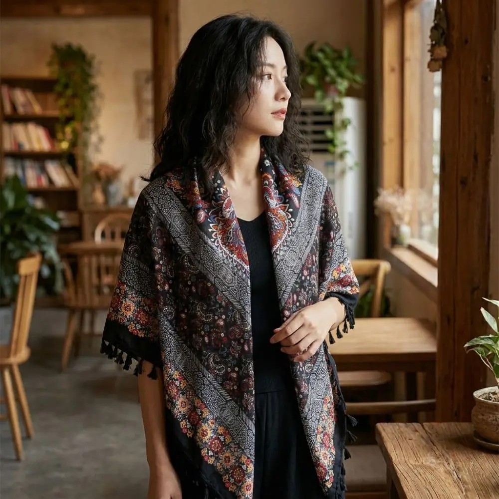 115*115cm Ethnic Style Shawl Floral Print Knotted Weave Russian Square Scarf Tassel Trim Geometric Pattern Tassel Shawls