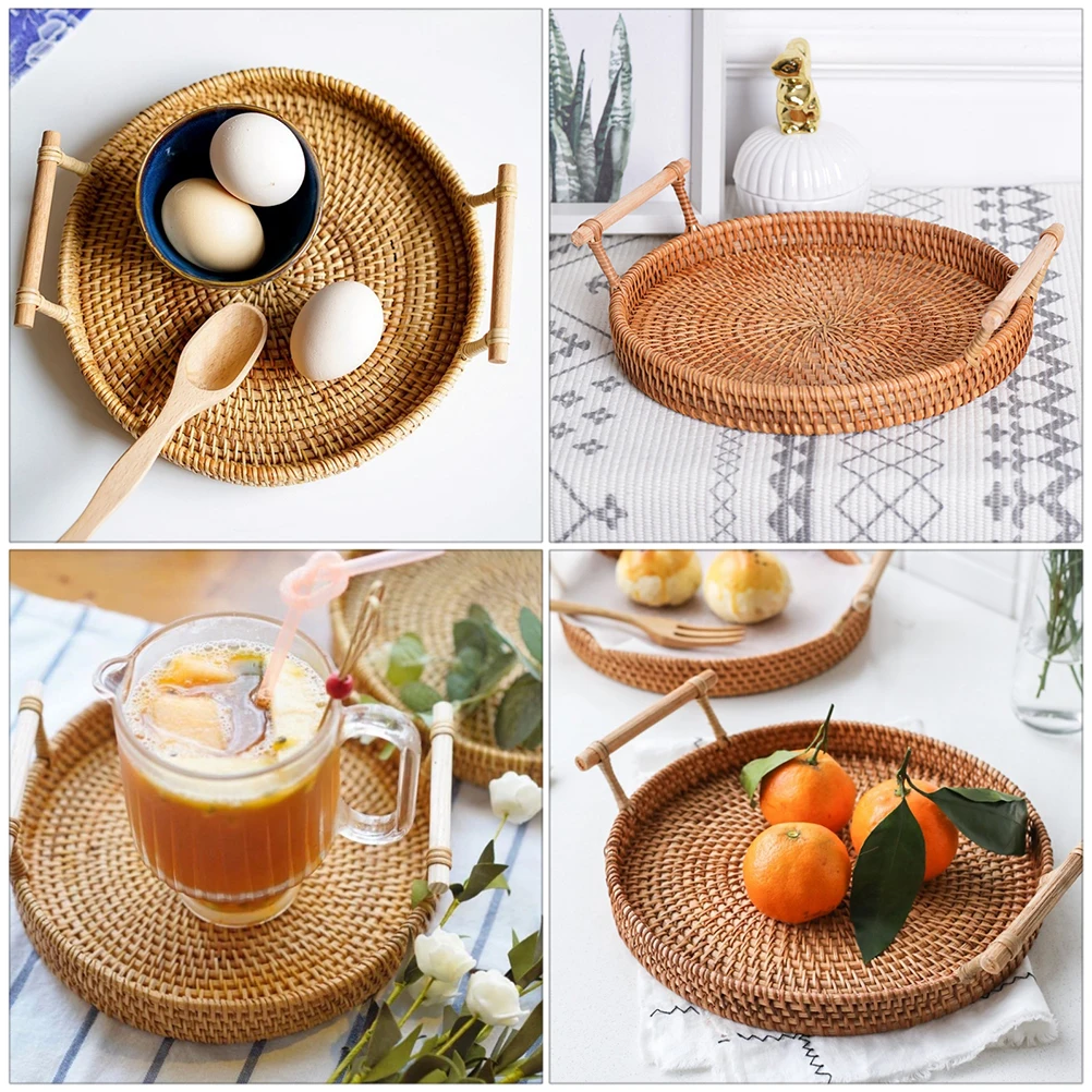 

Vintage Style Handwoven Rattan Storage Tray with Handle Large Capacity Multifunctional Serving Plate for Kitchen Bedroom Living