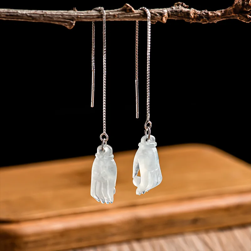 

Natural Jadeite A-goods Ear Line S925 Silver Inlaid Buddha's Hand Ice Jade Earrings Women's Gift Wholesale Jewelry Drop Shipping