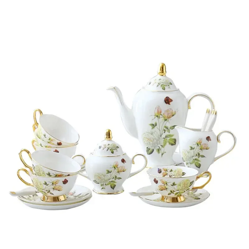 Rose Bone China Coffee Set British Porcelain Tea Set Ceramic Pot Creamer Sugar Bowl Teatime Teapot Coffee Cup Mug Coffeeware