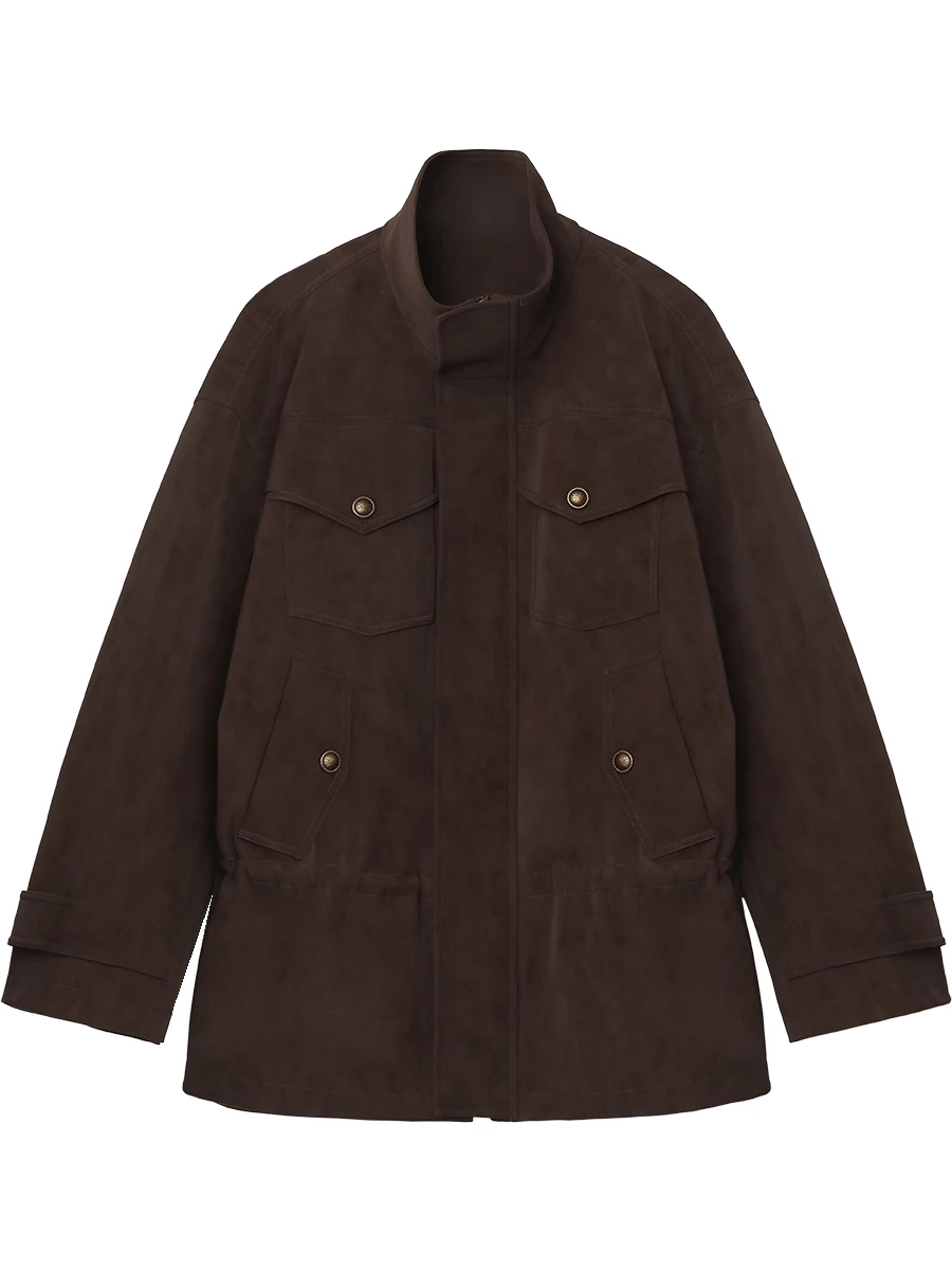 CHIC VEN nuevas mujeres abrigo de piel sintética cuello alto Retro ante nuevo cintura ajustable longitud media chaqueta femenina Otoño Invierno 2025