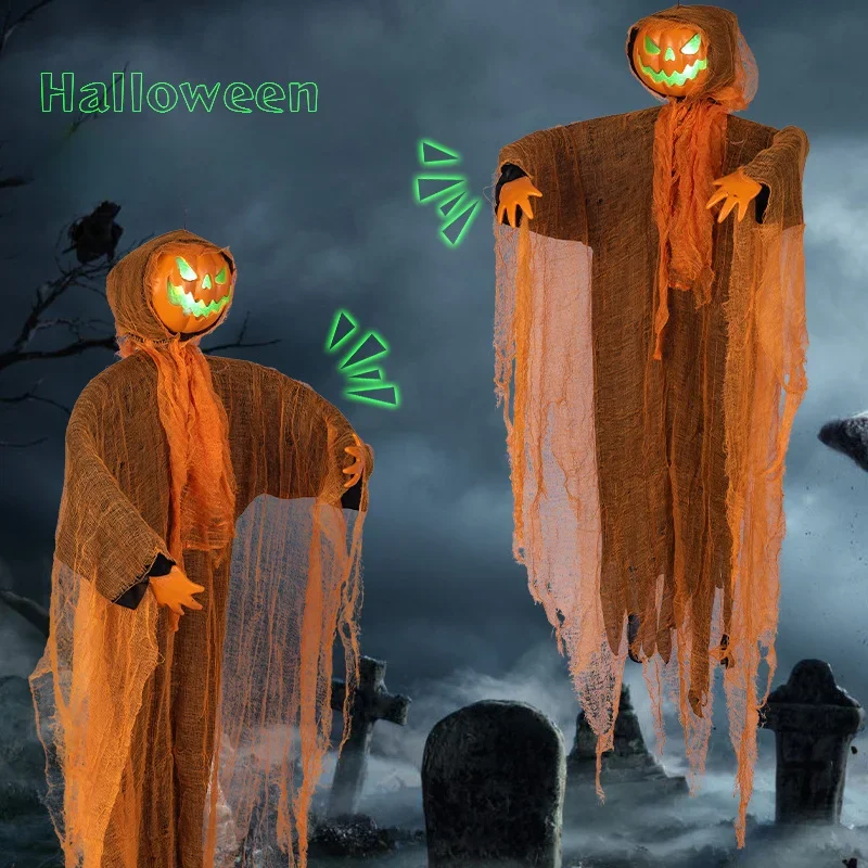 2PCS Halloween Pumpkin Party Decorations Hanging Head Green Light Turn Head Pumpkin Light-emitting Sound Hanging Props Yard