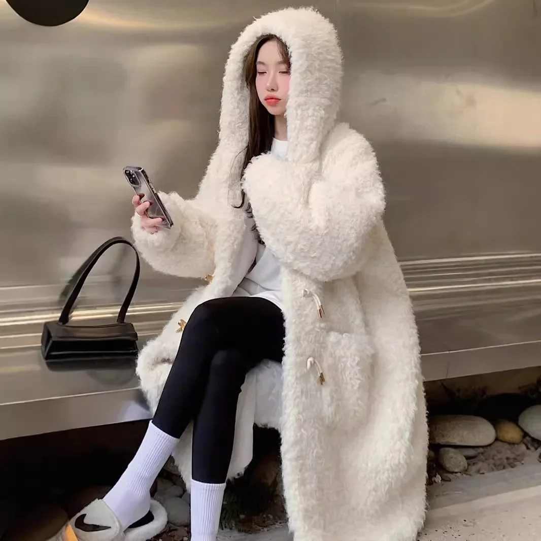 2025 Autumn Winter Jackets Women Faux Wool Fur Coats Y2k Long Overcoats Hooded Full Sleeves Single Horn Breasted Thick Loose