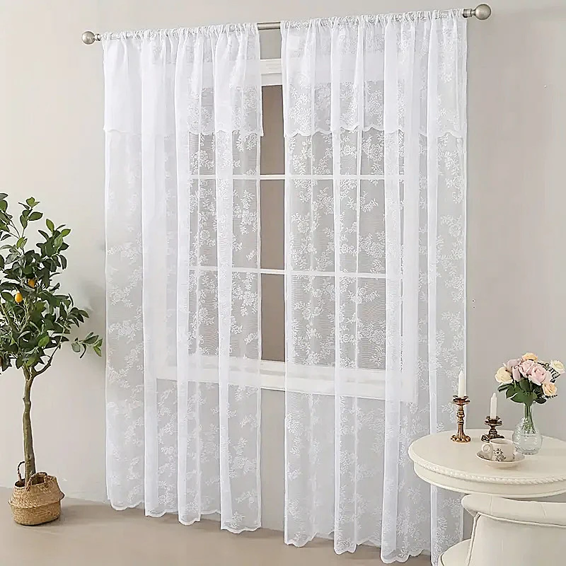 2pcs Decorate Your Room With A Four-Season Pastoral White Curtain, Polyester Woven White Floral Graphic Sheer Curtains