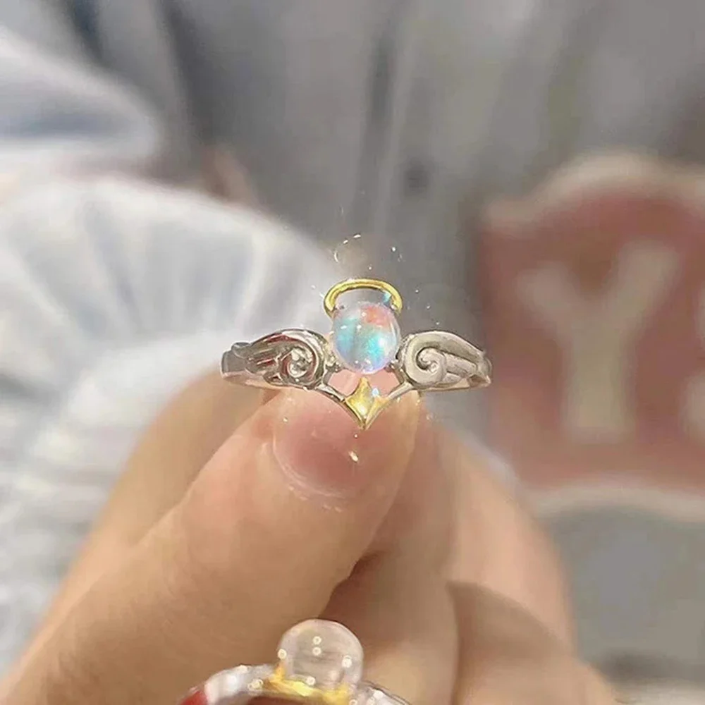 SUMENG 2024 New Fashion Romantic Angel and Demon Wings Couple Rings Goth Moonstone Adjustable Opening Finger for Women Men Gifts