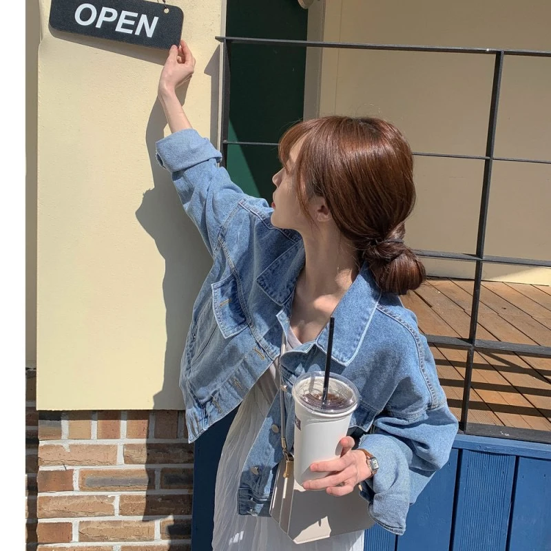 Cappotto primaverile da donna primaverile in denim Jaet Long Sve Faionable coreano con colletto in misto cotone e bottoni