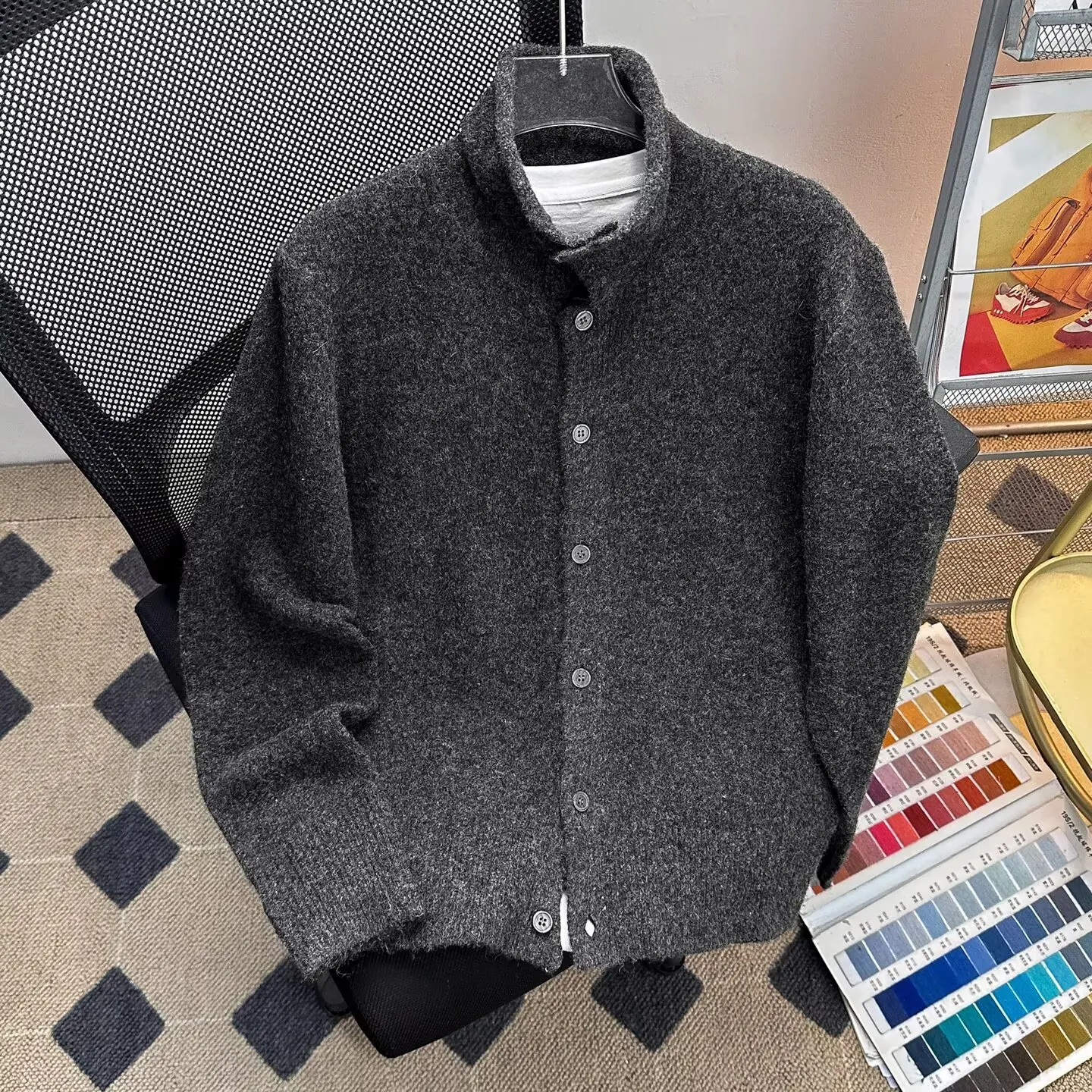 

Мужской свободный вязаный свитер, осень-зима, теплый кардиган с высоким воротником и пуговицами, повседневное пальто из полиэфирного волокна