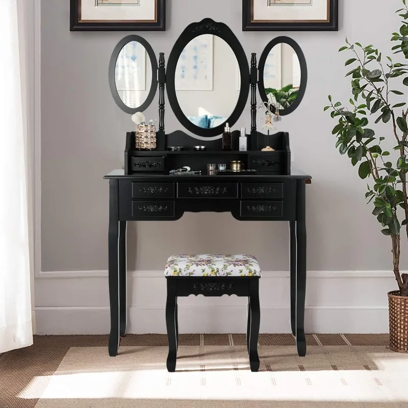 Vanity Set with Tri-Folding Mirror and Cushioned Stool, Dressing Table with 7 Drawers and a Shelf