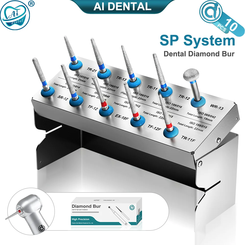 

AI-FG-SP Стоматологический стандартный набор алмазных боров 22 мм/21 мм/19 мм из нержавеющей стали, синее/красное кольцо, 10 моделей для высокоскоростного наконечника