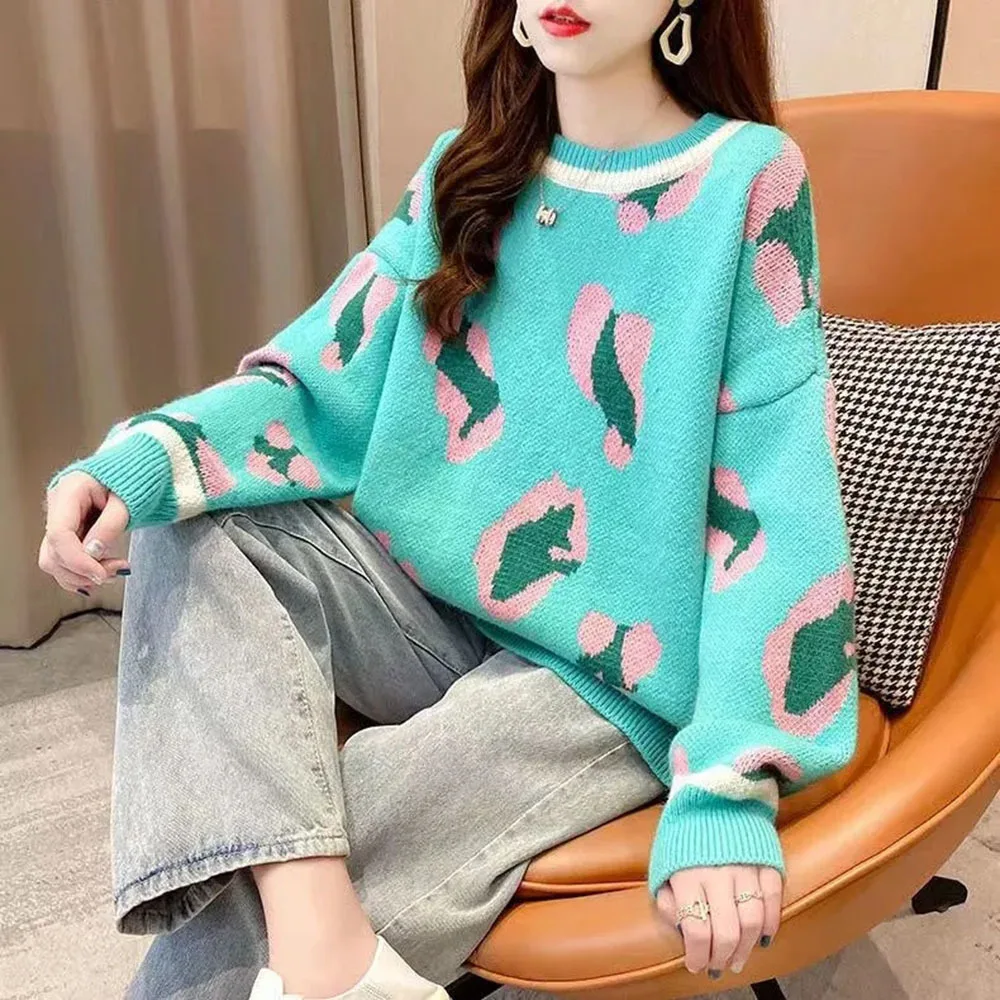 Winter O-Neck Women's Sweater Casual Letter Print Khaki Pink Oversize Pullover Classic Knitted Jumper For Women Vintage Knitwear