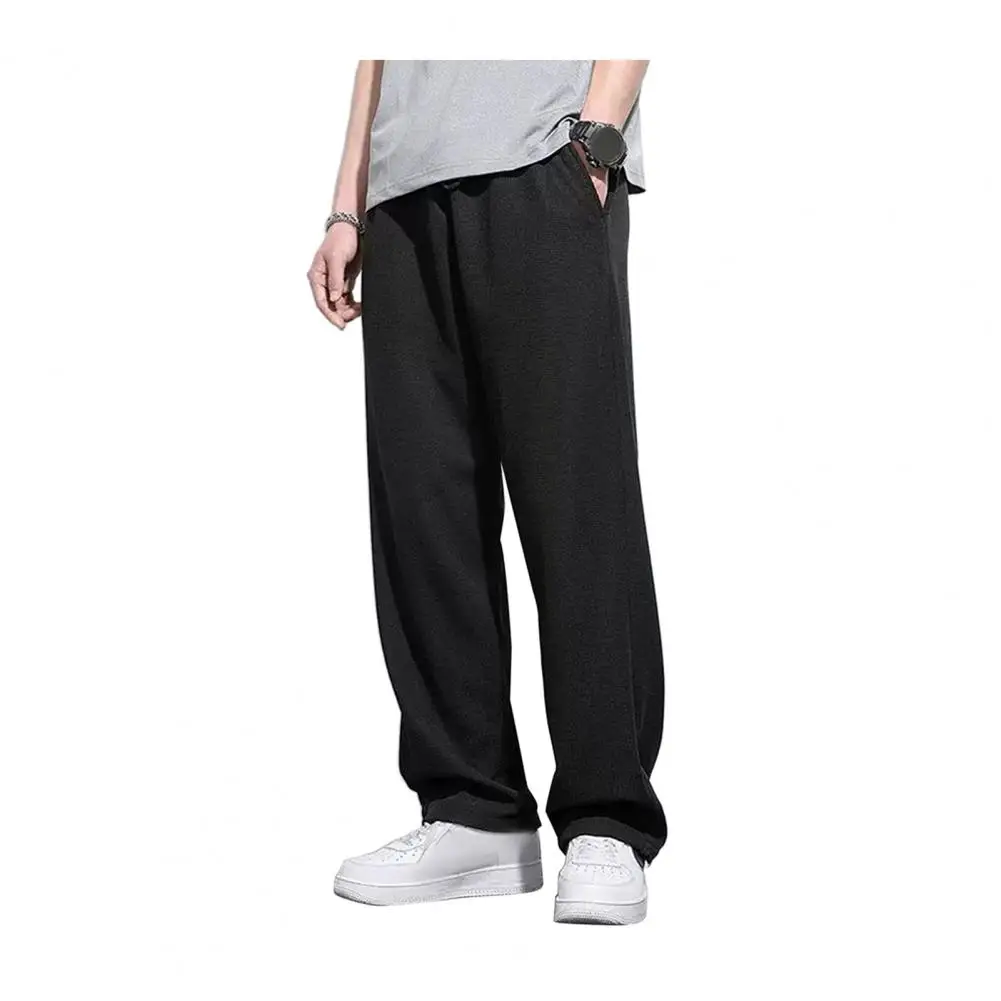 Basic Style Trousers Men's Loose Straight Drawstring Sweatpants with Elastic Waist Pockets Solid Color Breathable Soft for Daily