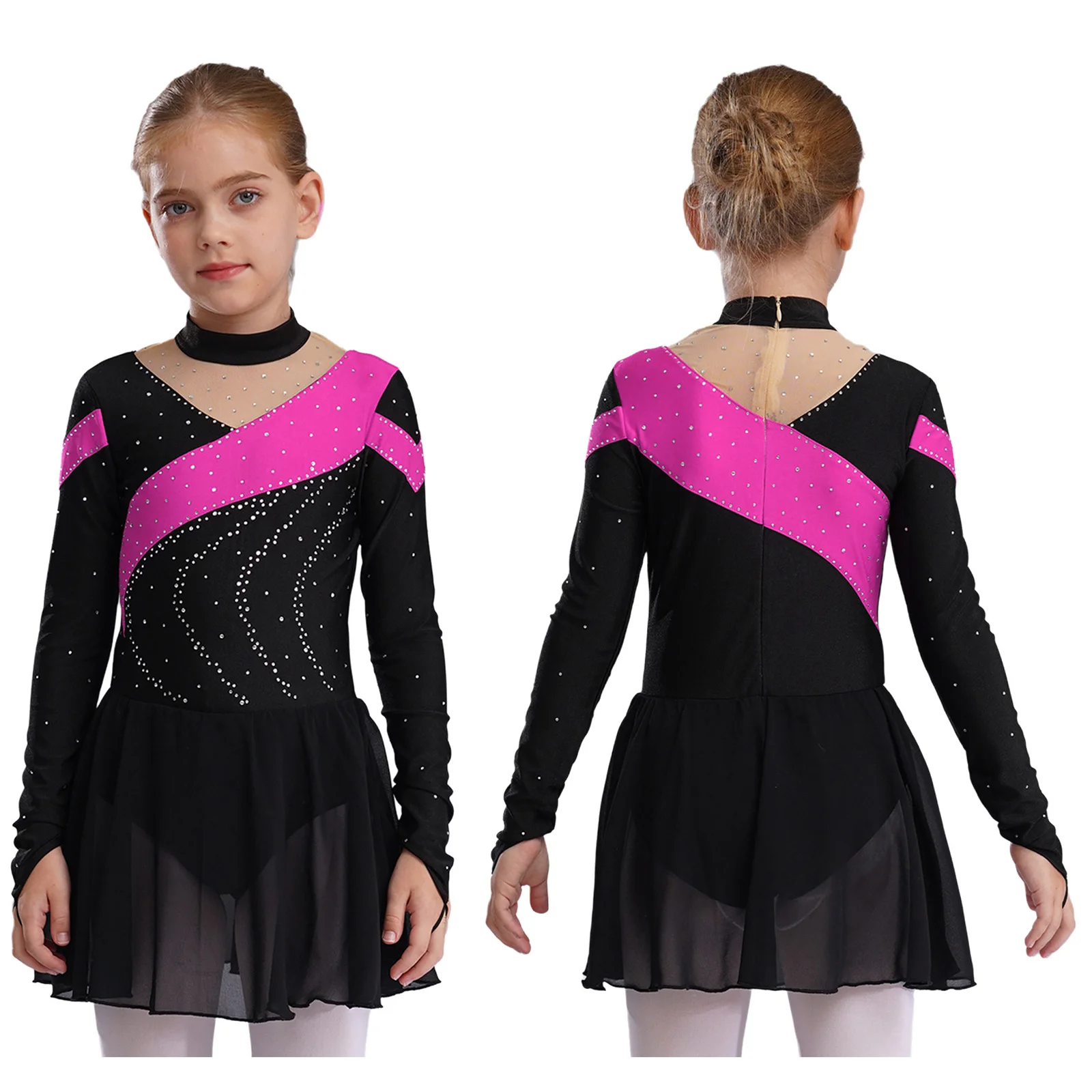 Kids Girls Long Sleeve Rhinestone Mesh Figure Skating Leotard Dress Lyrical Dance Ballet Gymnastics Acrobatics Costume Dancewear