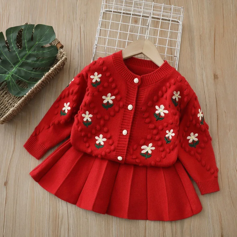 2026 Autumn And Winter New Knitted Cardigan Skirt Two-piece Set Girls Jacket Girls Sweater Set 2 3 4 5 6 Years