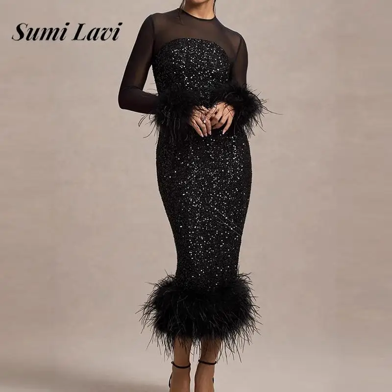 Women Fashion O-neck Mesh Long Sleeve Evening Dress Sexy Sequin Solid Slim Party Dress Elegant Feather Patchwork Hip Wrap Dress