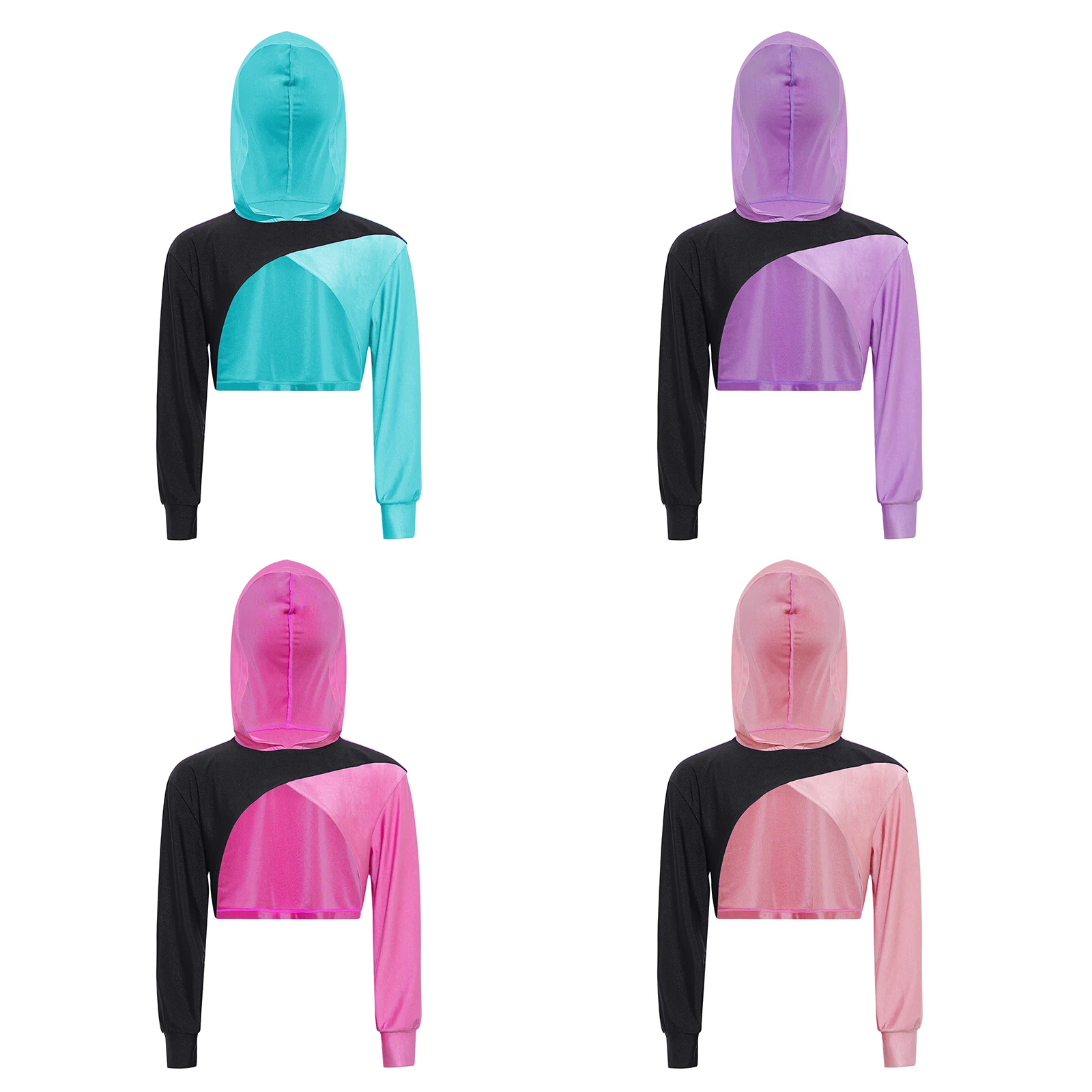 

Girls Quick-drying Color Block Sports Hoodie Long Sleeve Asymmetrical Hem Hooded Crop Top Kids Yoga Workout Cycling Active Wear