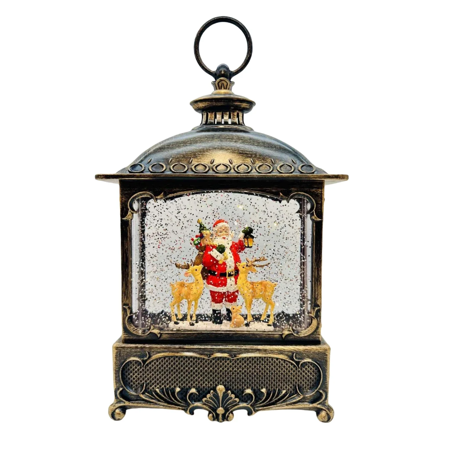 New Product 2024 Resin Home Decor Xmas Village Scene Flying Santa on Sleigh Led Christmas Lantern Light Snow Globe