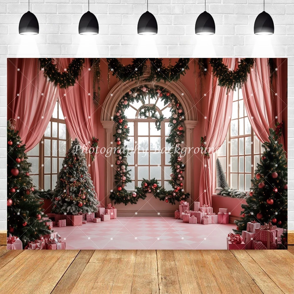 Christmas Backdrop Xmas Tree Gifts Wreath Window Outdoor Snow Scene Christmas Party Decor Kids Portrait Photography Background